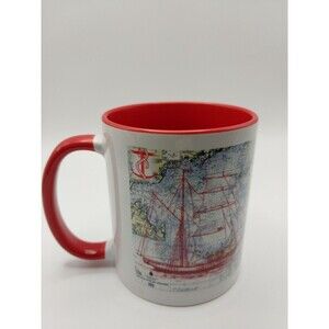 Ceramic Nautical Map Design Mug With Red Handle and Interior Coffee Tea Cup